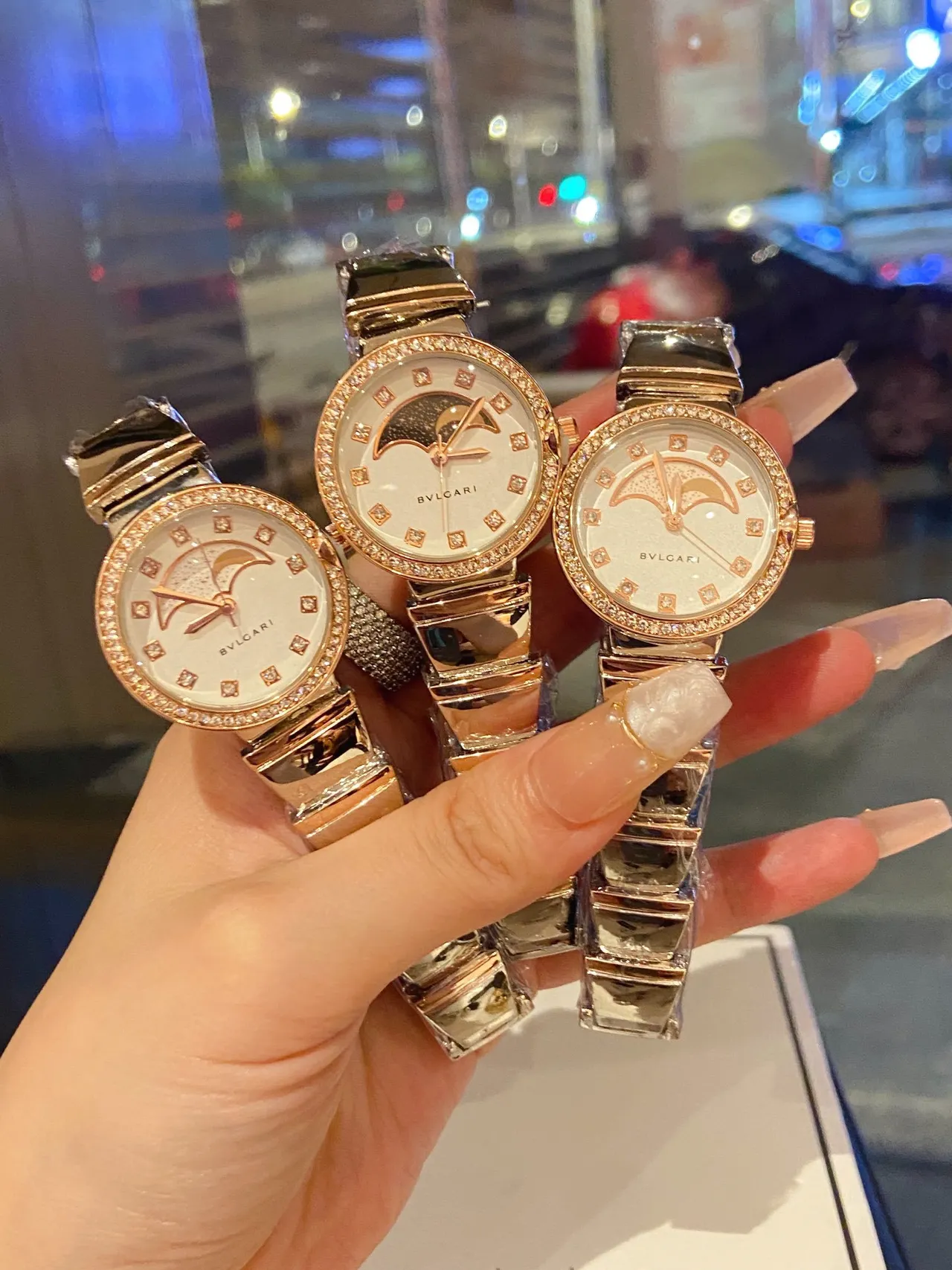 Bvlgari Ouro Branco Fase Lunar Dial Bisel Cristal Quartz Relógio 9