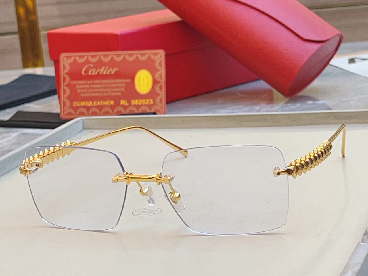 Cartier Gold Pink Rimless Rectangular Metal Sunglasses 2