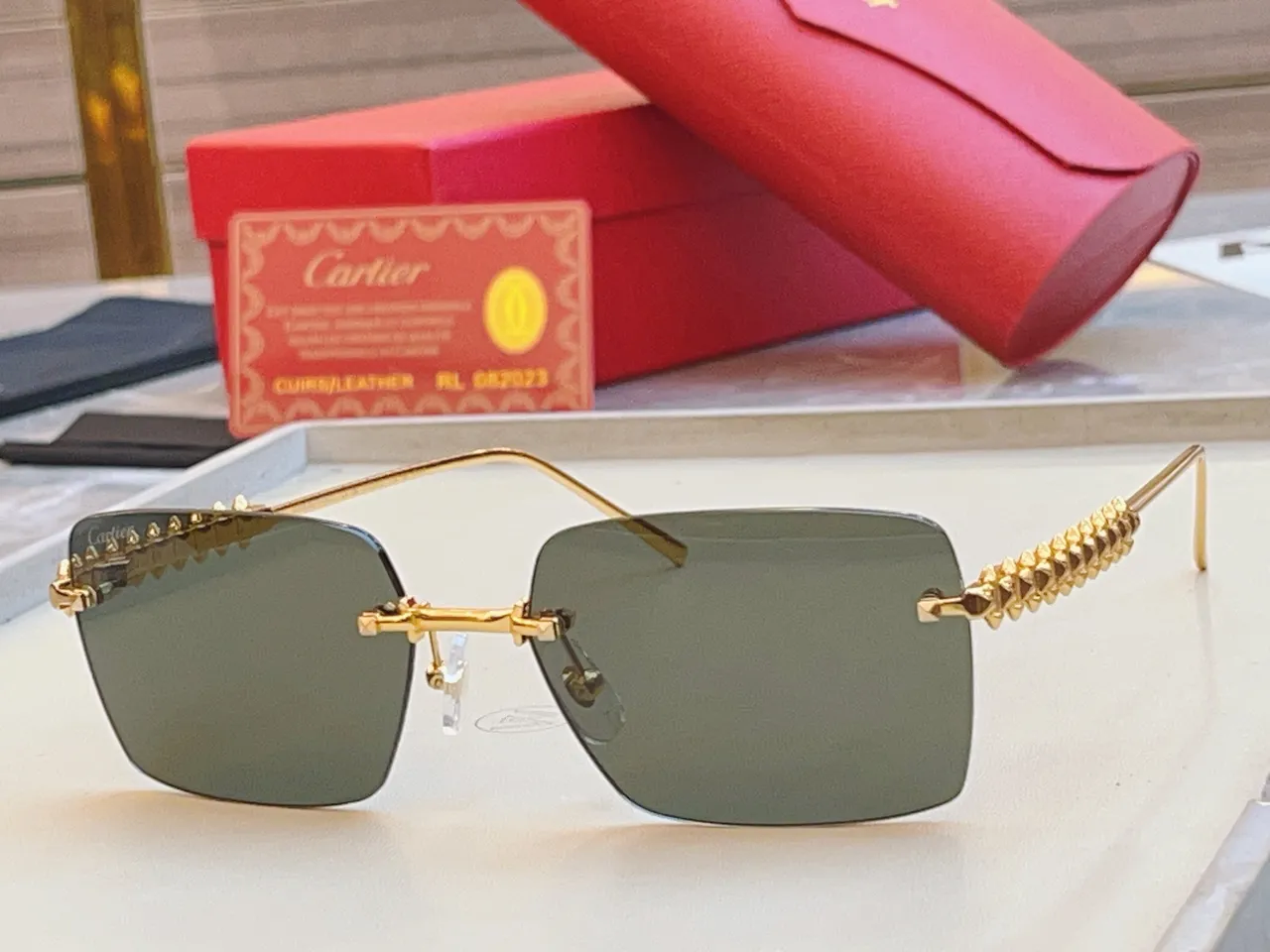 Cartier Gold Pink Rimless Rectangular Metal Sunglasses 4
