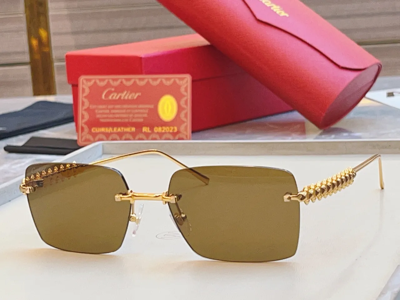 Cartier Gold Pink Rimless Rectangular Metal Sunglasses 6