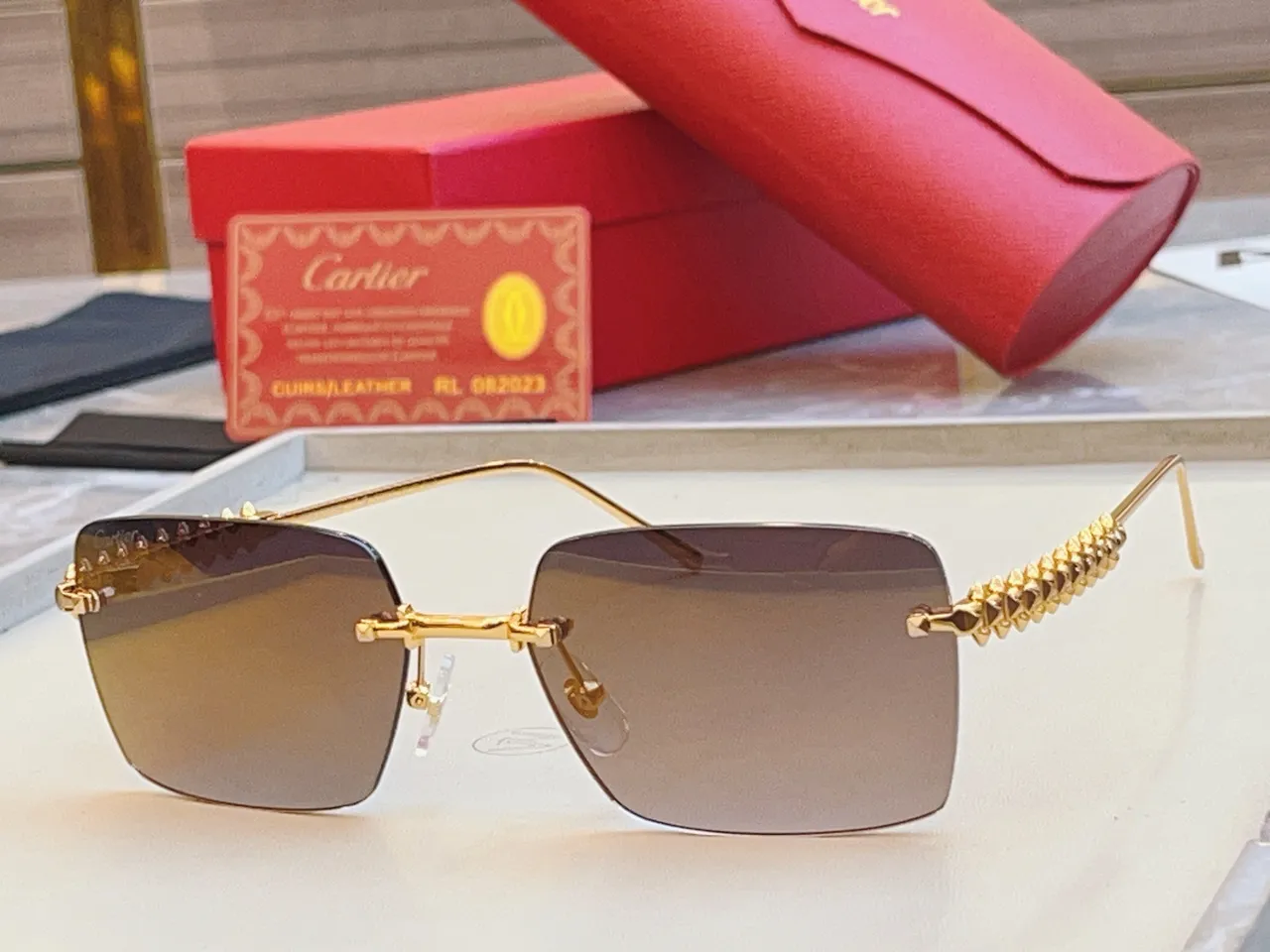 Cartier Gold Pink Rimless Rectangular Metal Sunglasses 8
