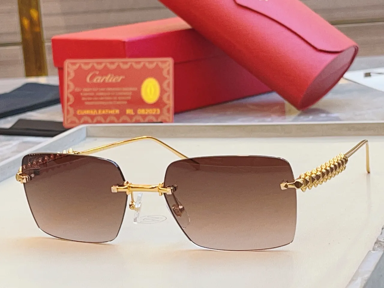 Cartier Gold Pink Rimless Rectangular Metal Sunglasses 9