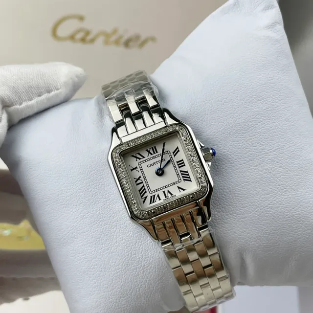 Cartier Santos Square Cadran Blanc Lunette Pavée de Diamants Montre Mécanique 4