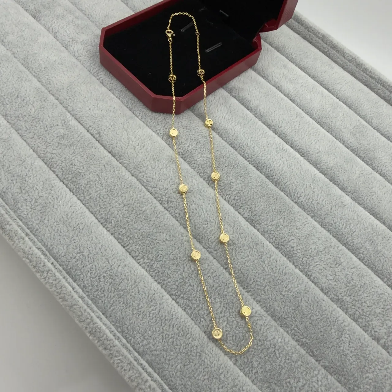 Cartier Silver Red Fine Link Chain Circular Bezel-Set Elements Necklace 2