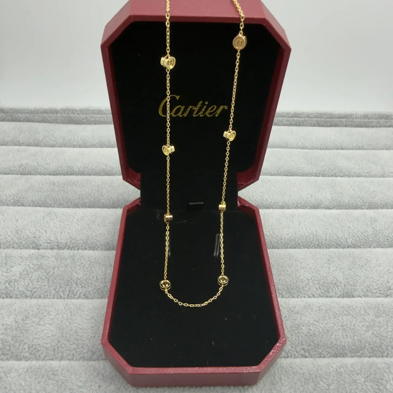 Cartier Silver Red Fine Link Chain Circular Bezel-Set Elements Necklace 3