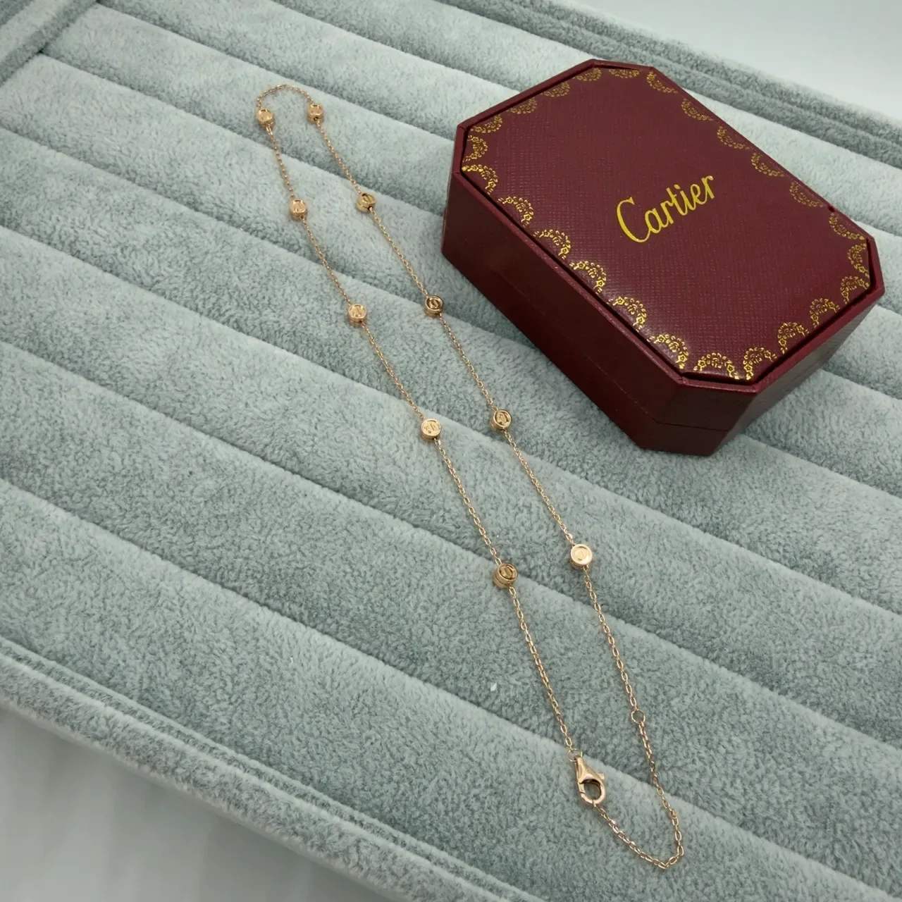 Cartier Silver Red Fine Link Chain Circular Bezel-Set Elements Necklace 5