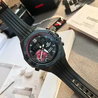 Casio Edifice Black Red Resin Case Carbon Fiber Dial Sports Watch