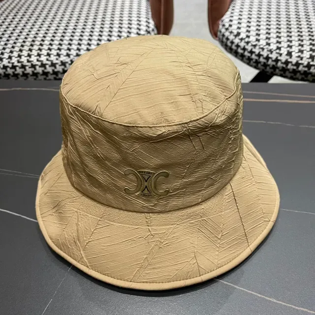 Celine Beige White Crinkled Textured Exterior Structured Wide Brim Bucket Hat 2