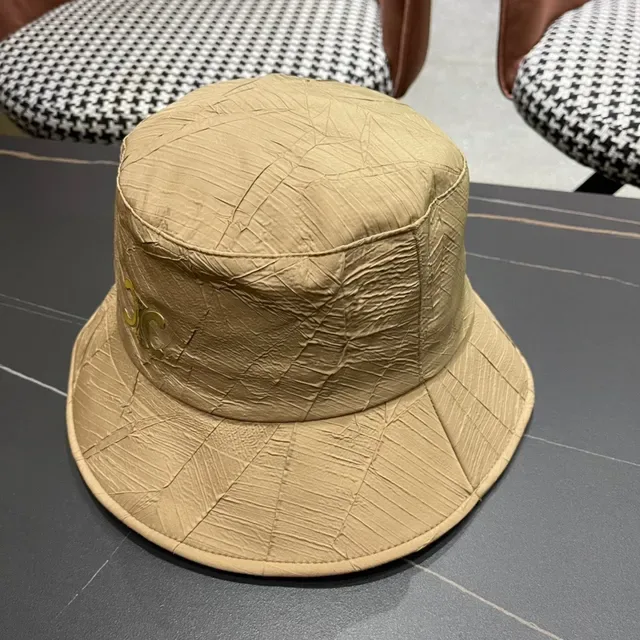 Celine Beige White Crinkled Textured Exterior Structured Wide Brim Bucket Hat 3
