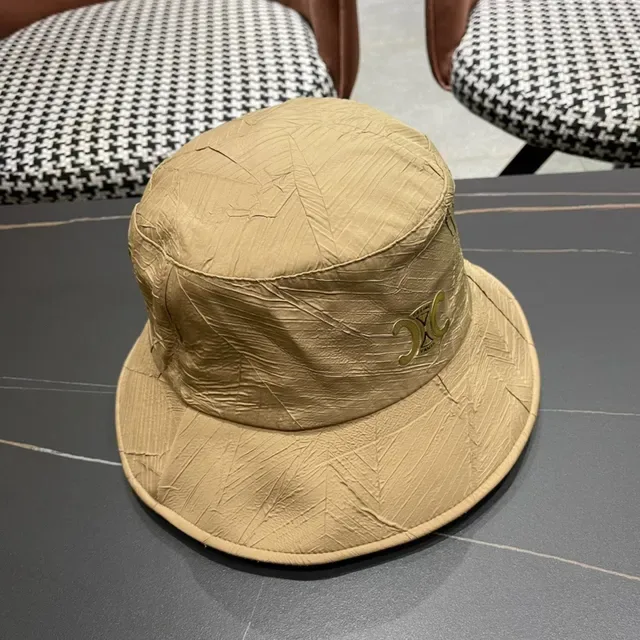 Celine Beige White Crinkled Textured Exterior Structured Wide Brim Bucket Hat 4