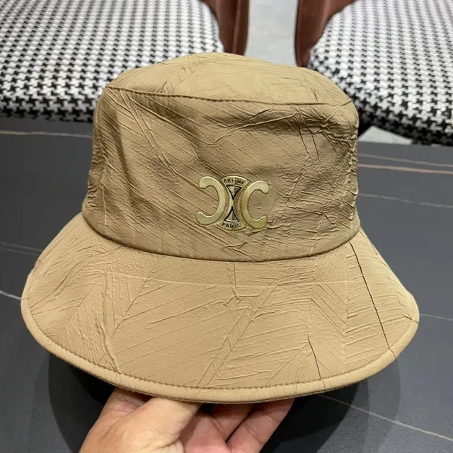 Celine Beige White Crinkled Textured Exterior Structured Wide Brim Bucket Hat 6