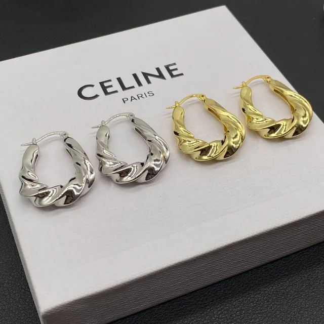 Celine Silver Gold Twisted Rope Texture Hoop Silhouette Earrings 4