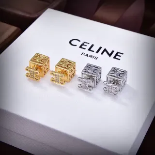 Celine Triomphe Gold Silver Cube-Shaped Engraved Logo Earrings