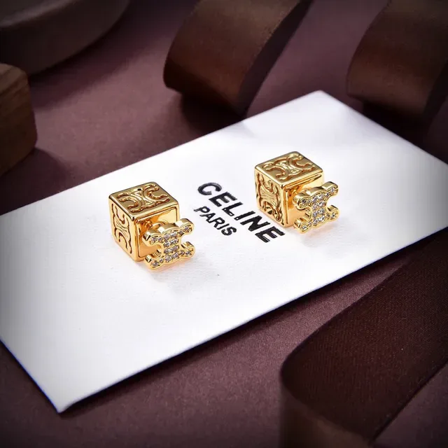 Celine Triomphe Gold Silver Cube-Shaped Engraved Logo Earrings 3