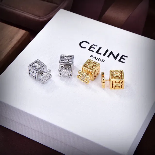 Celine Triomphe Gold Silver Cube-Shaped Engraved Logo Earrings 5
