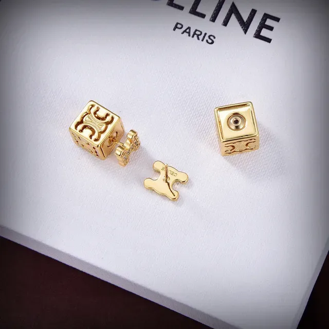 Celine Triomphe Gold Silver Cube-Shaped Engraved Logo Earrings 7