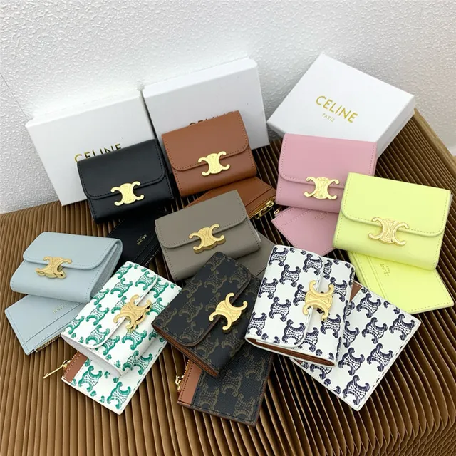 Celine Triomphe Multicolor Fold-Over Flap Gold-Tone Clasp Short Wallet 1