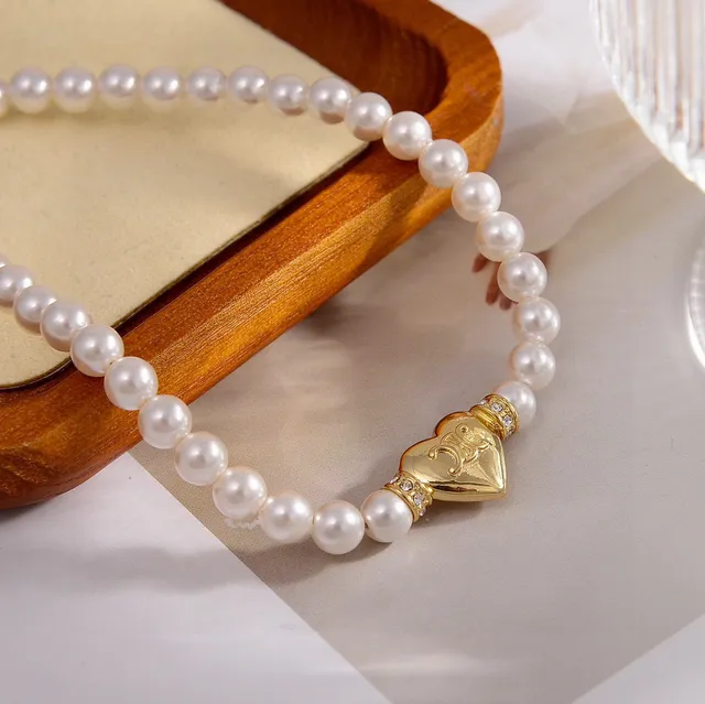 Celine White Gold Pearl Strand Heart Charm Bracelet 2