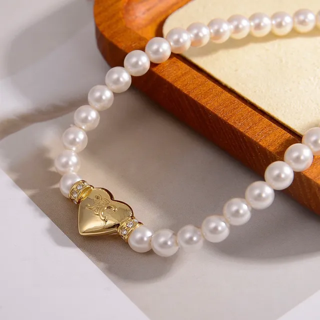 Celine White Gold Pearl Strand Heart Charm Bracelet 4