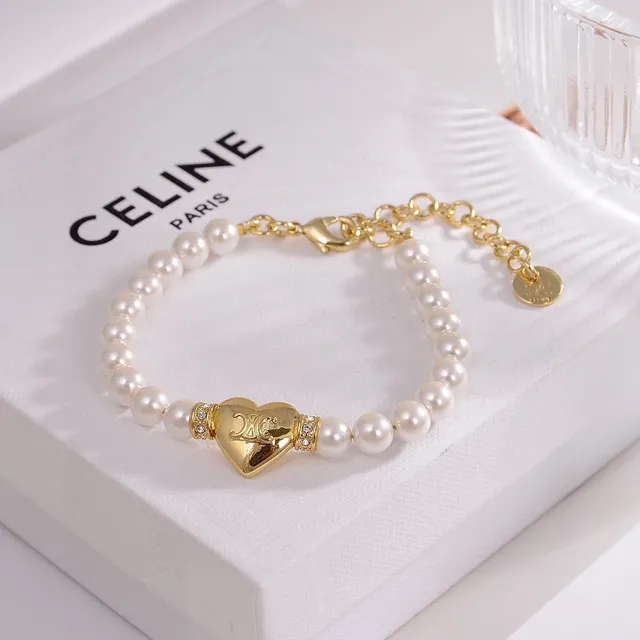 Celine White Gold Pearl Strand Heart Charm Bracelet 6