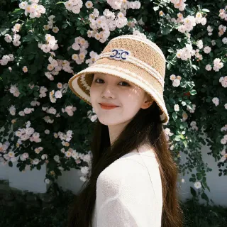 Chanel Beige Blue Woven Straw Braided Trim Bucket Hat
