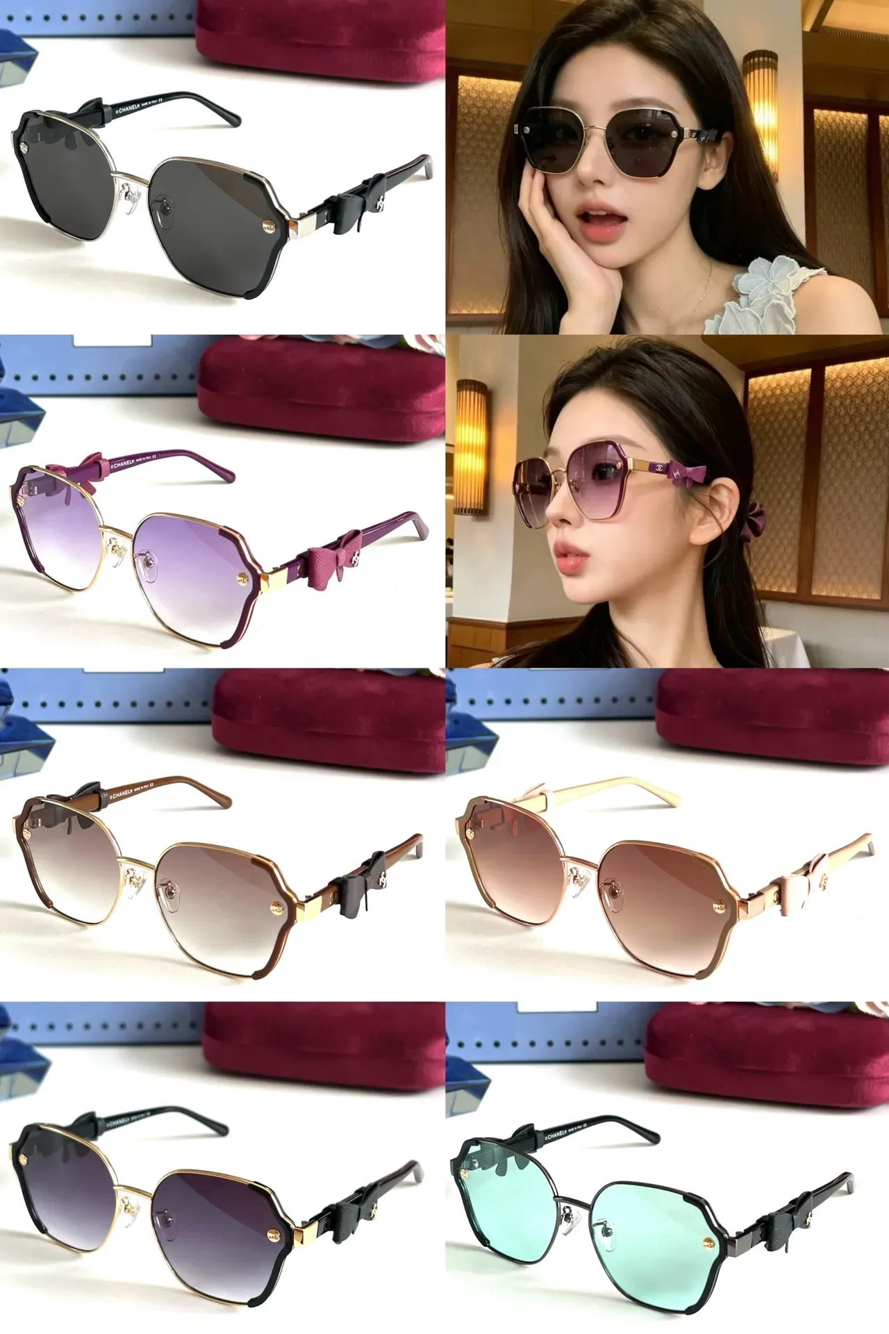 Chanel Black Gold Angular Geometric Frame Satin Bow Accent Sunglasses 2