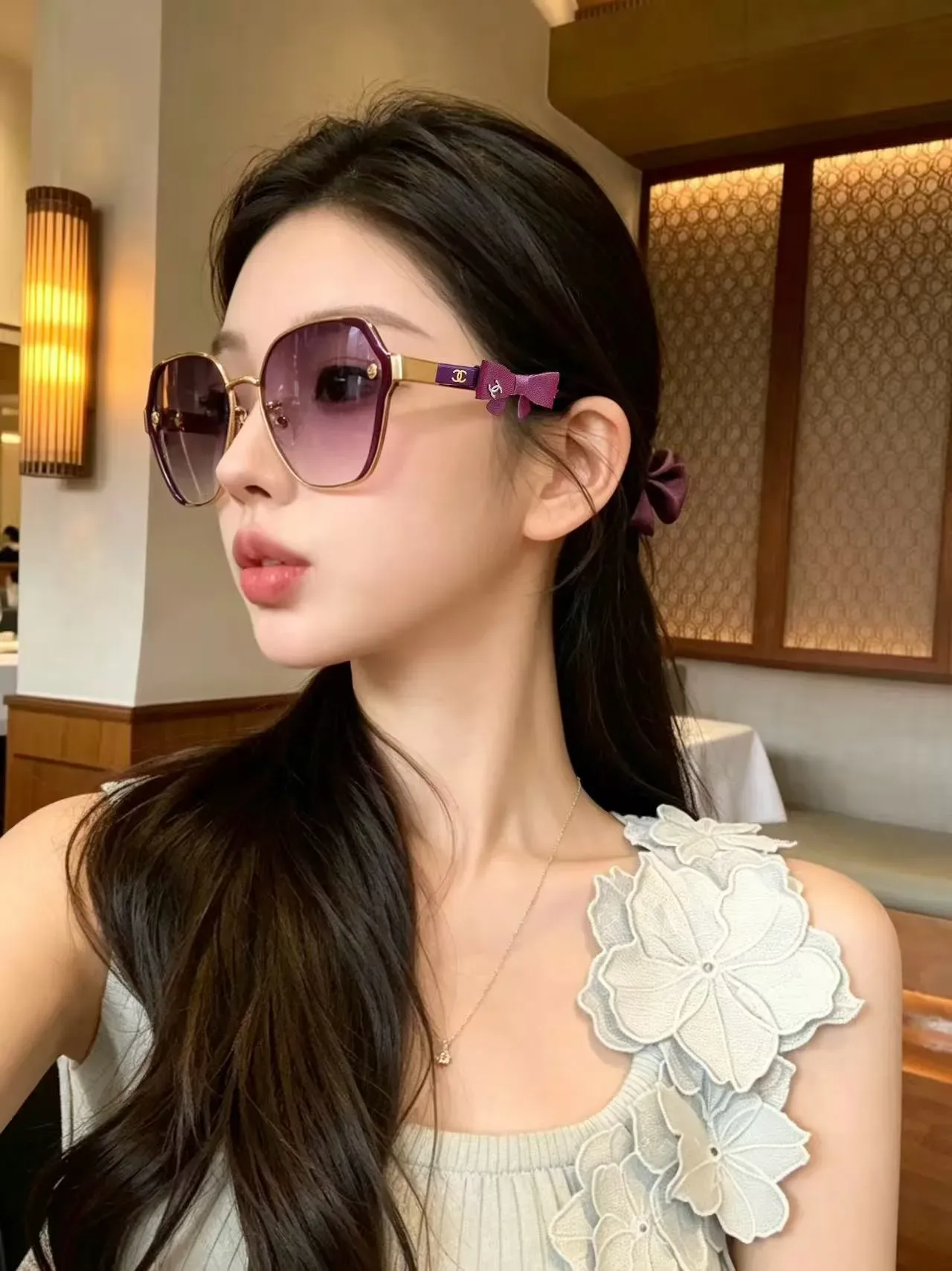 Chanel Black Gold Angular Geometric Frame Satin Bow Accent Sunglasses 4