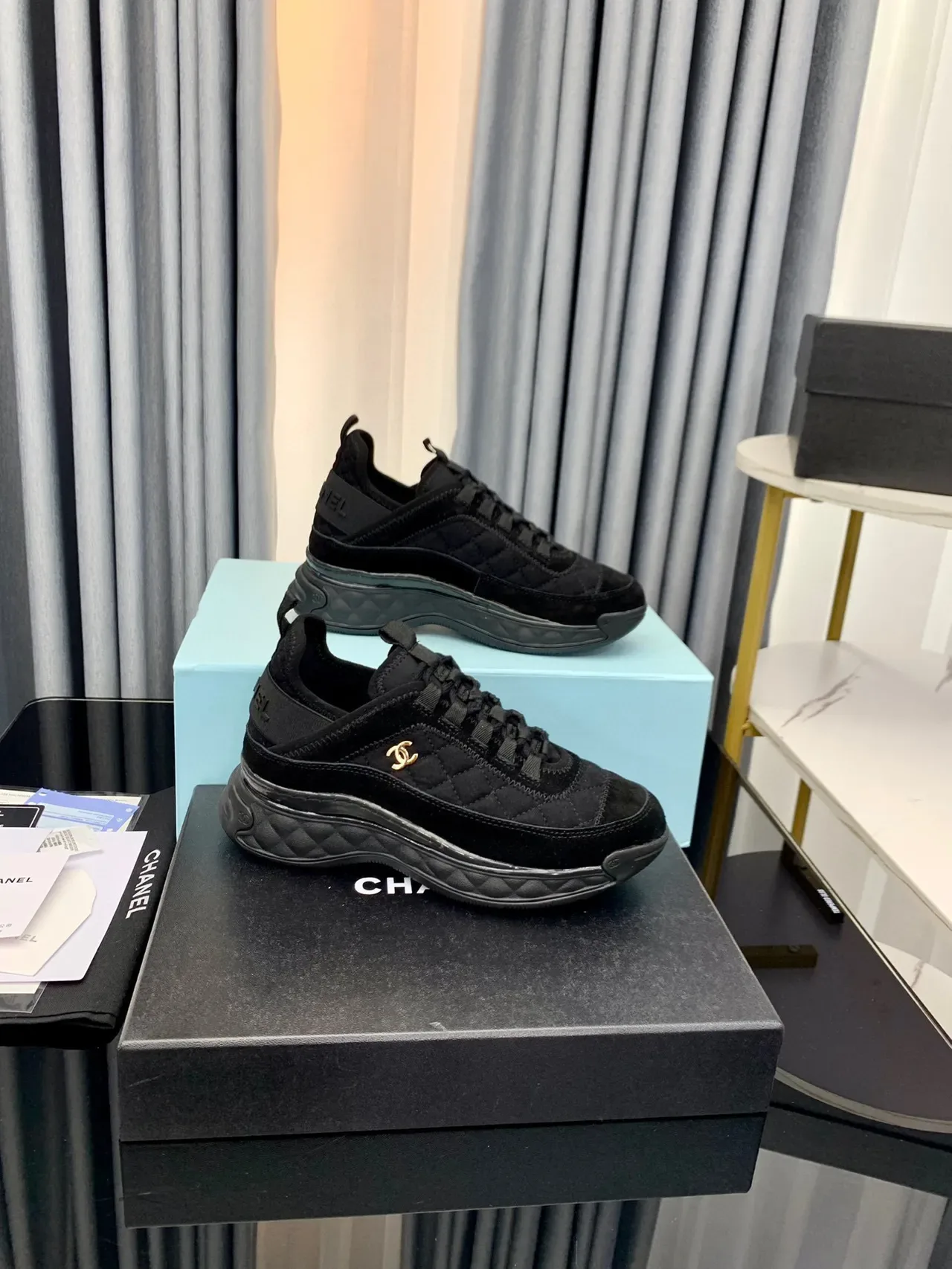 Chanel Black Gold Quilted Upper Layered Sole Chunky Sneakers 3