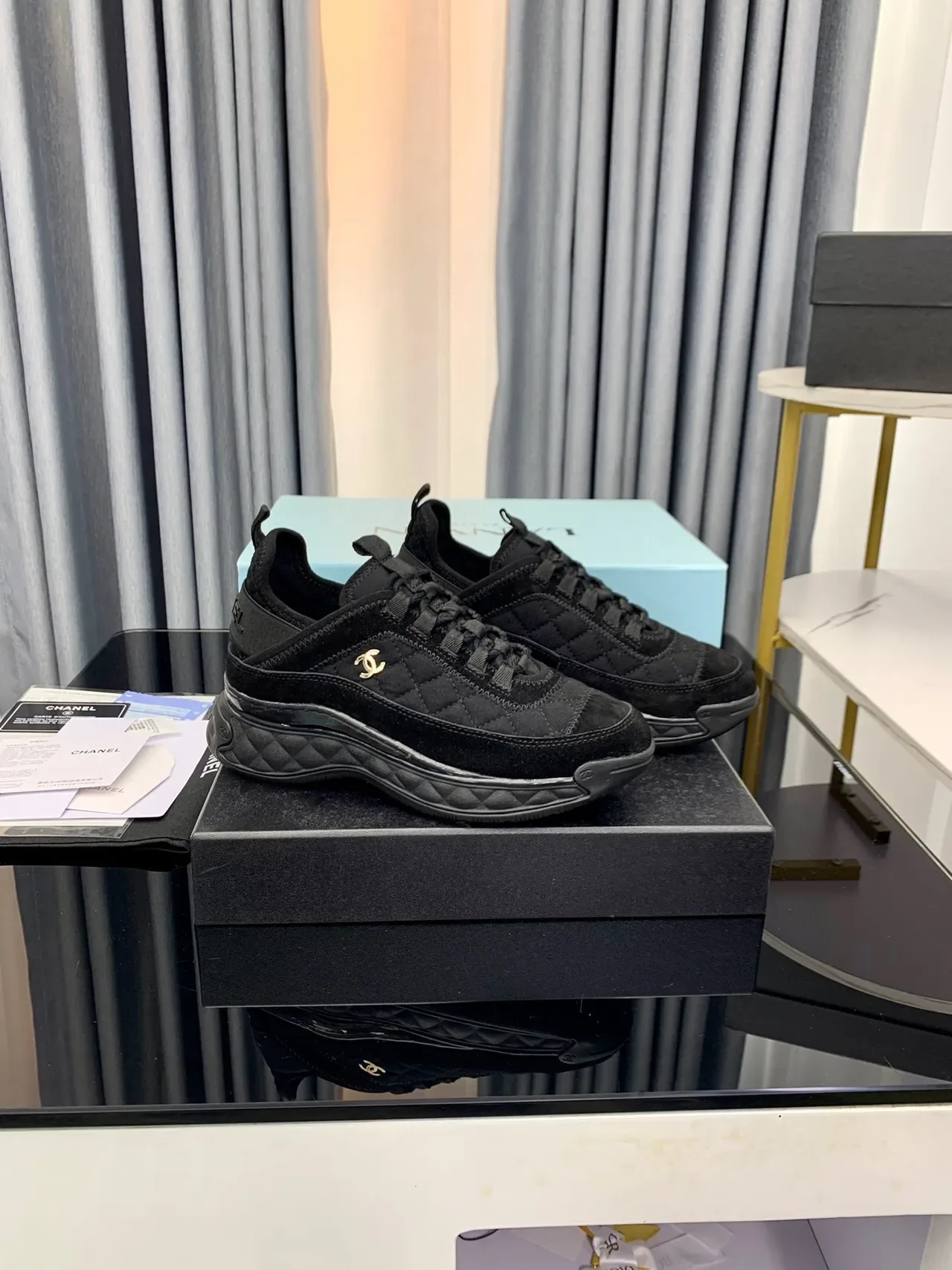 Chanel Black Gold Quilted Upper Layered Sole Chunky Sneakers 4
