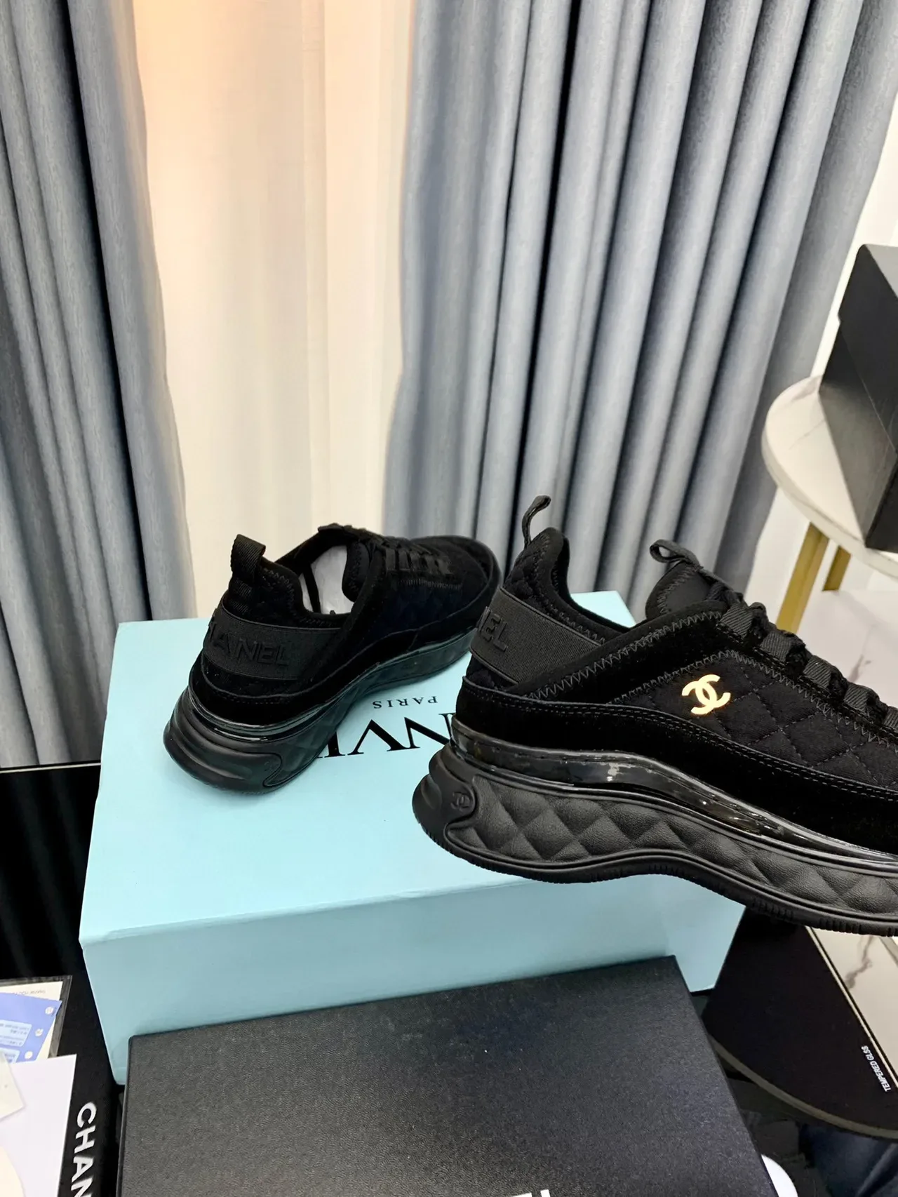 Chanel Black Gold Quilted Upper Layered Sole Chunky Sneakers 7