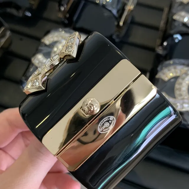 Chanel Black Gold Rigid Cuff Glossy Lacquer Bracelet 7