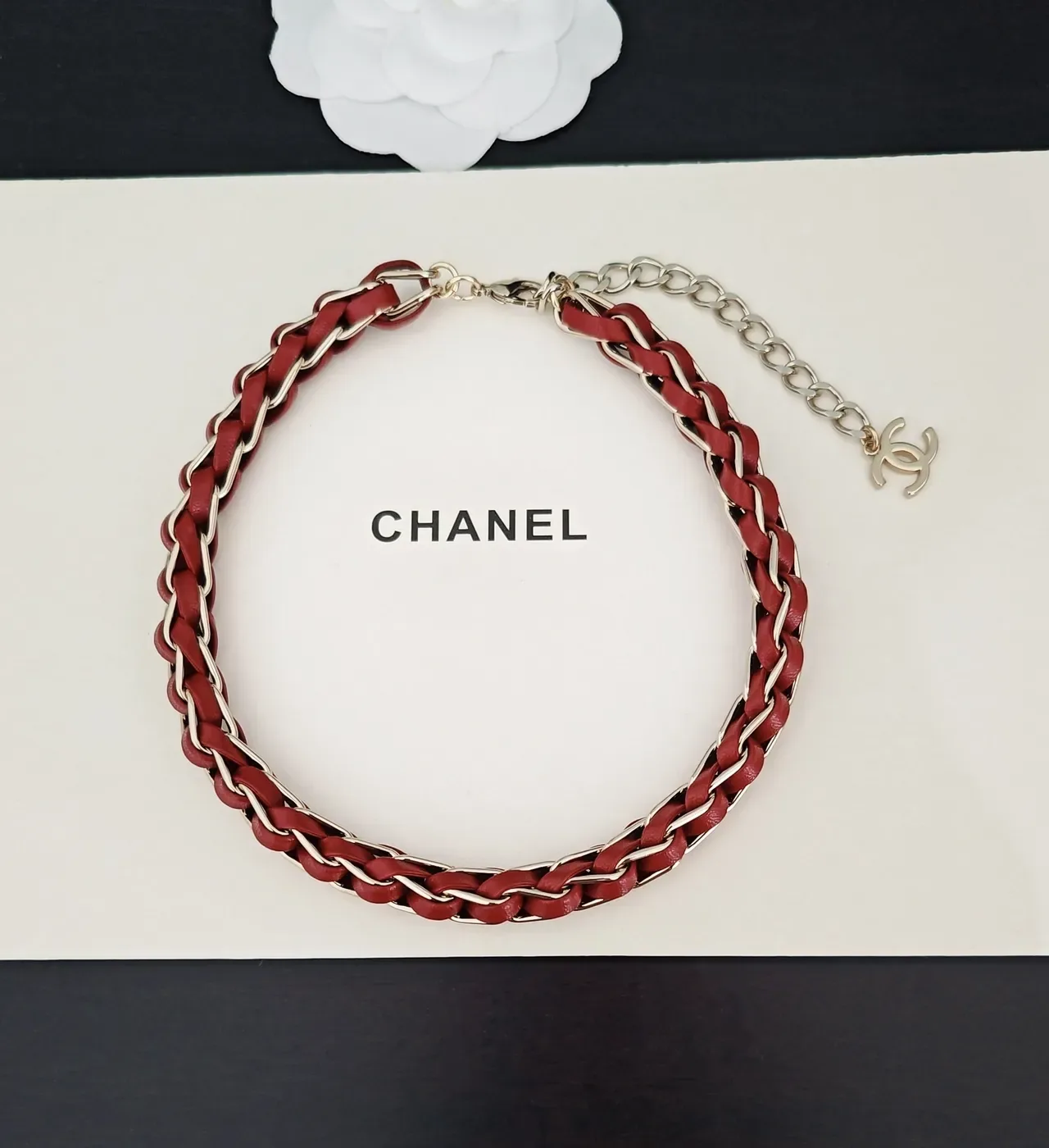 Chanel Braided Leather and Gold-Tone Chain CC Logo Choker Necklace 2