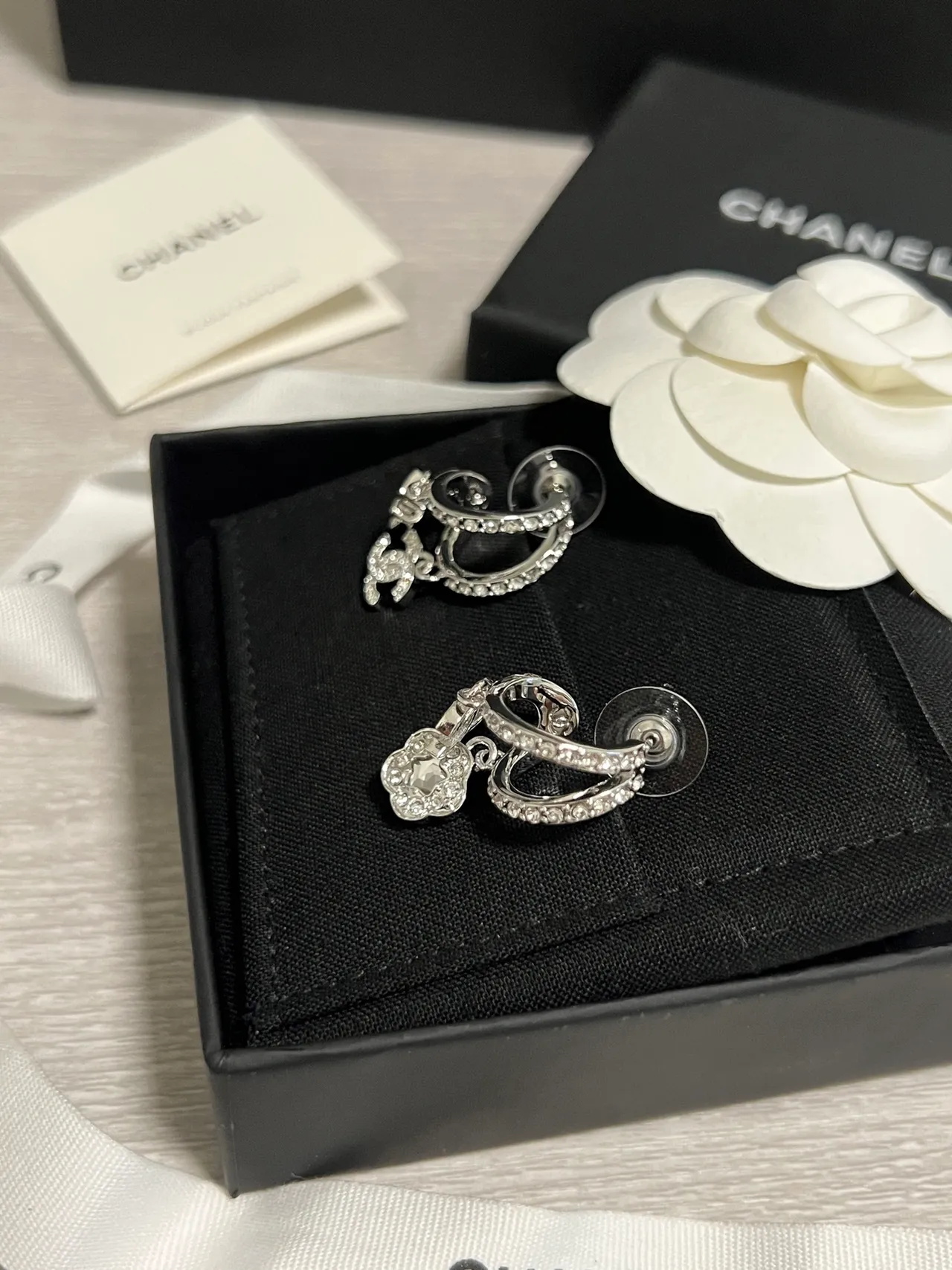 Chanel Camellia and Lock Pavé Crystal Asymmetrical Earrings 3