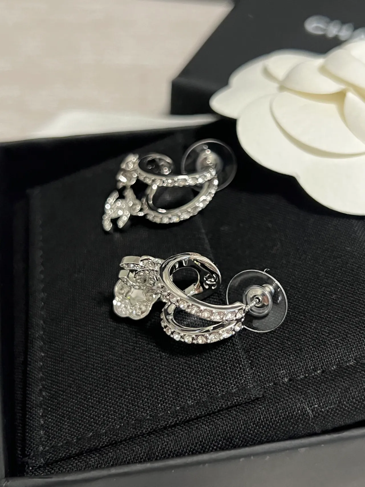Chanel Camellia and Lock Pavé Crystal Asymmetrical Earrings 4