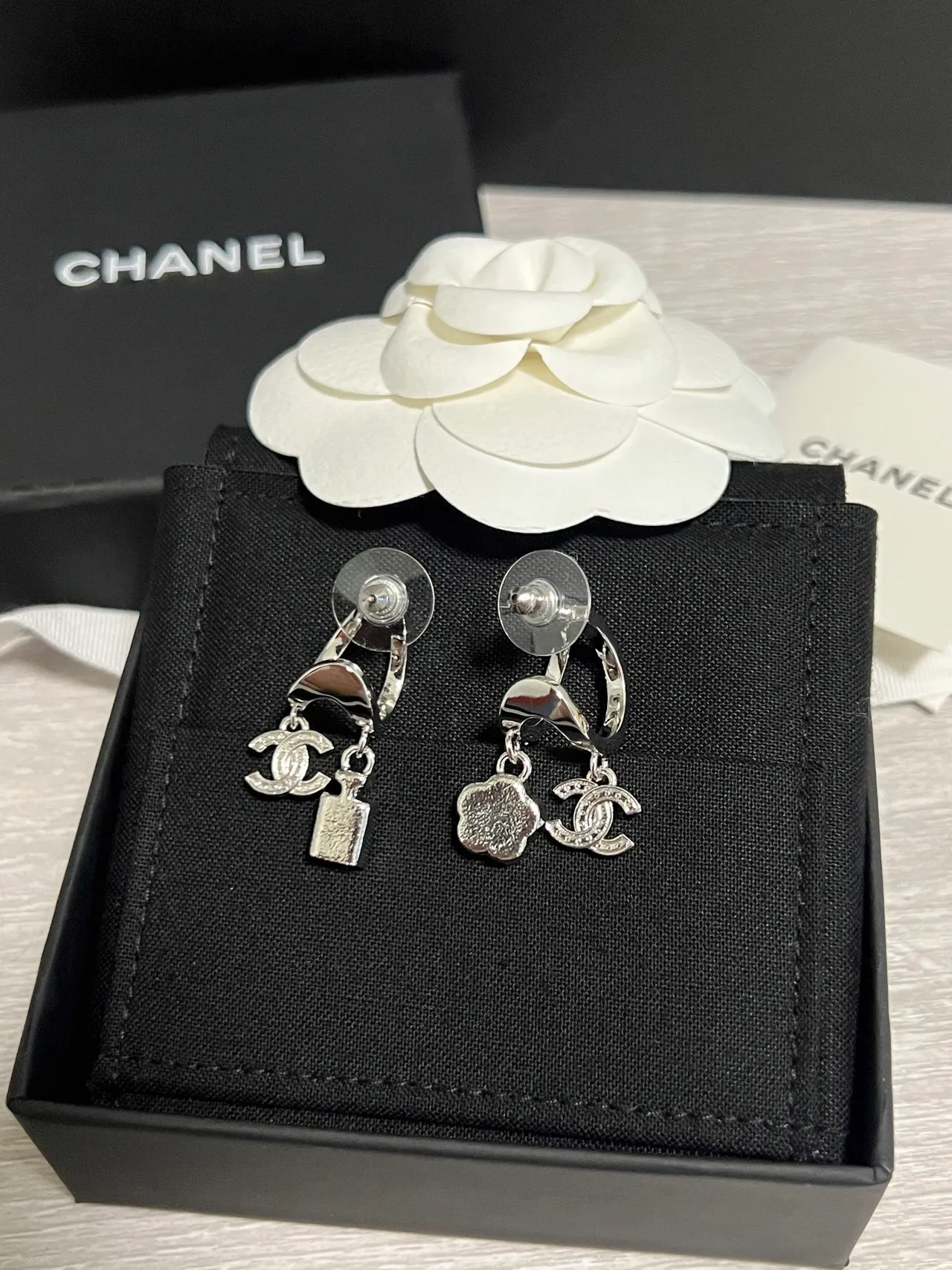 Chanel Camellia and Lock Pavé Crystal Asymmetrical Earrings 5