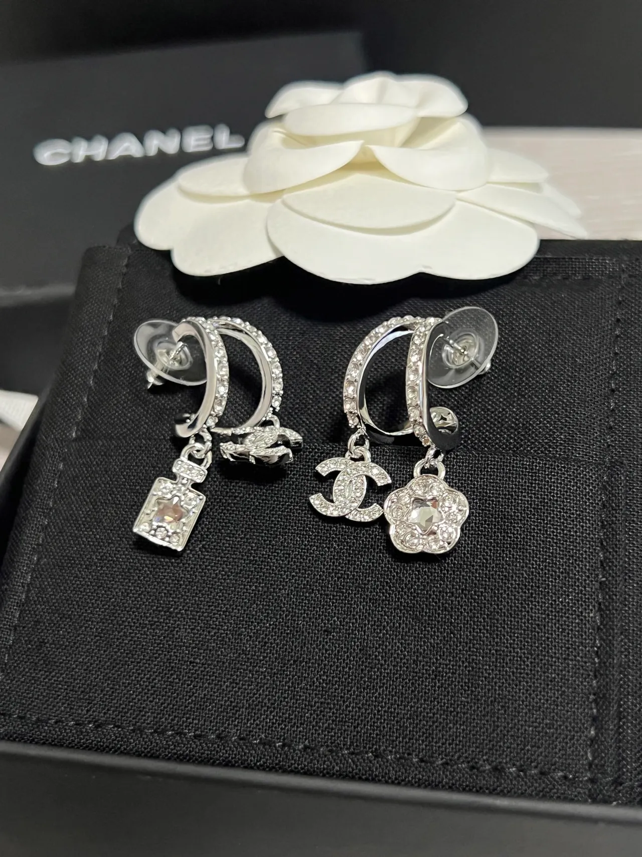 Chanel Camellia and Lock Pavé Crystal Asymmetrical Earrings 6
