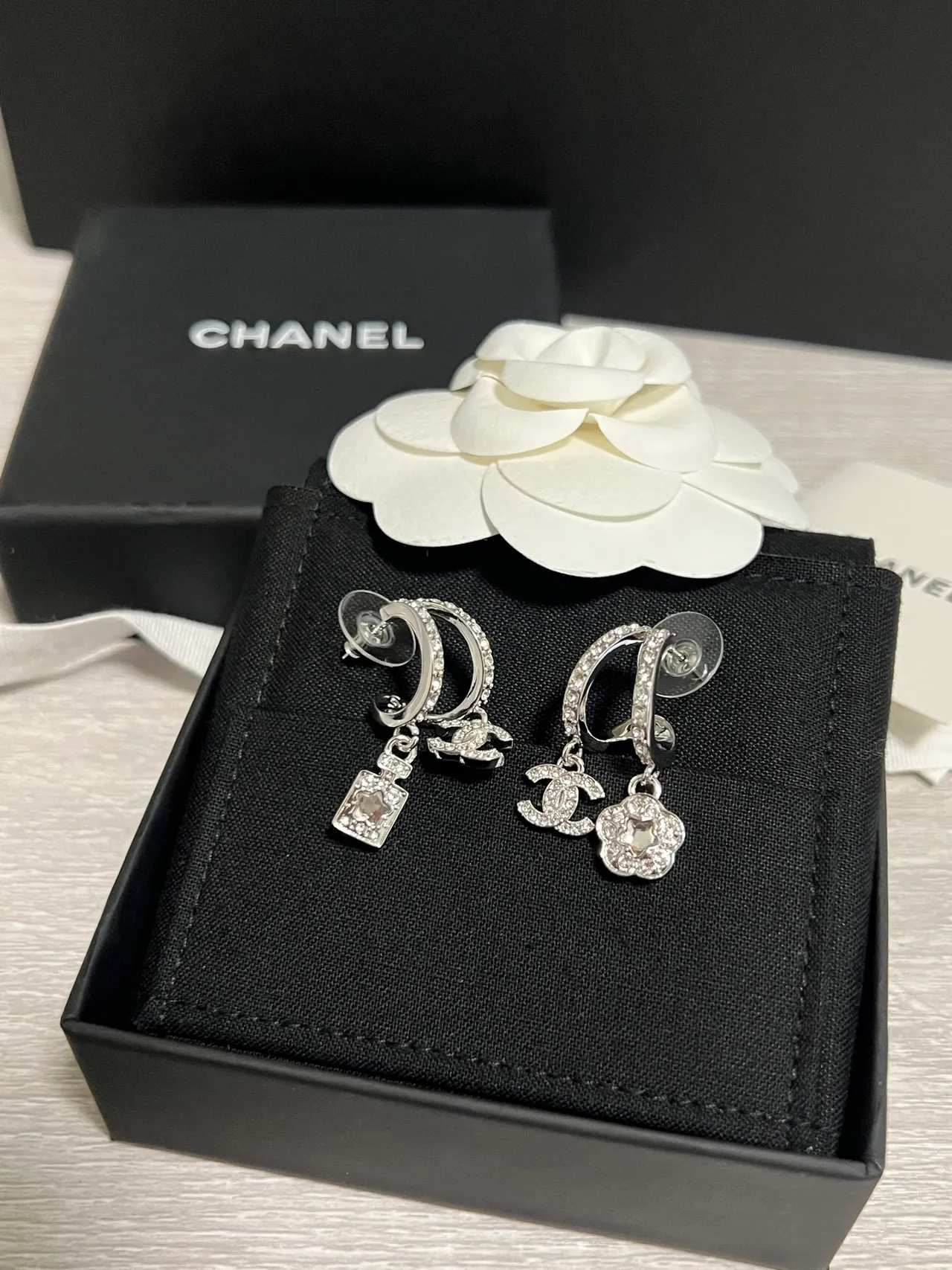 Chanel Camellia and Lock Pavé Crystal Asymmetrical Earrings 7