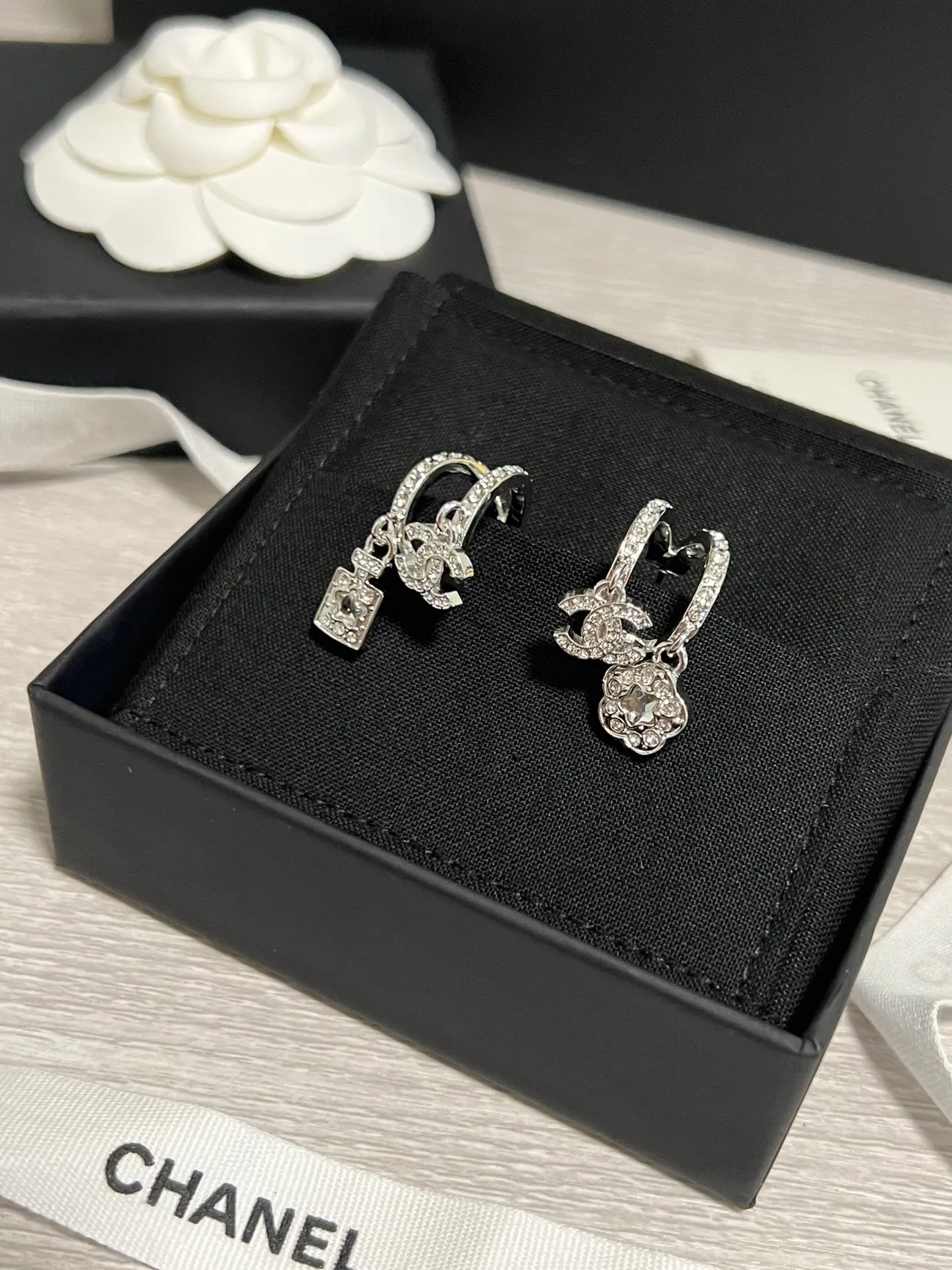 Chanel Camellia and Lock Pavé Crystal Asymmetrical Earrings 8