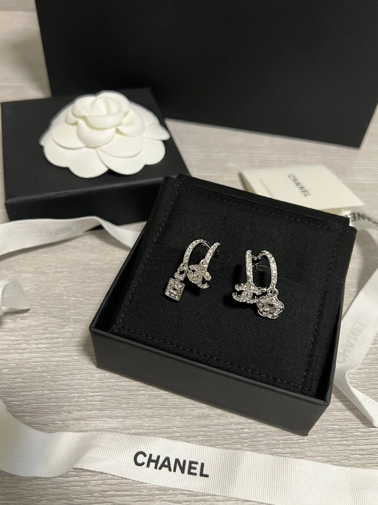 Chanel Camellia and Lock Pavé Crystal Asymmetrical Earrings 9
