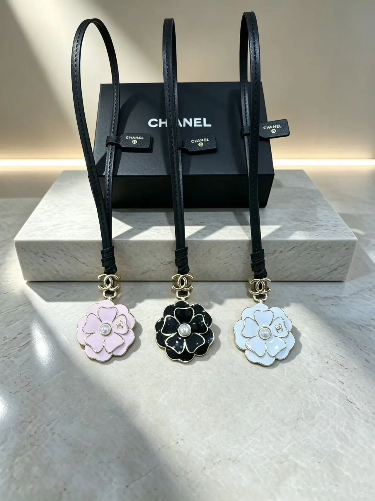 Chanel Camellia Charm Black Multicolor Enamel Pendant Pearl Center Handbag 1