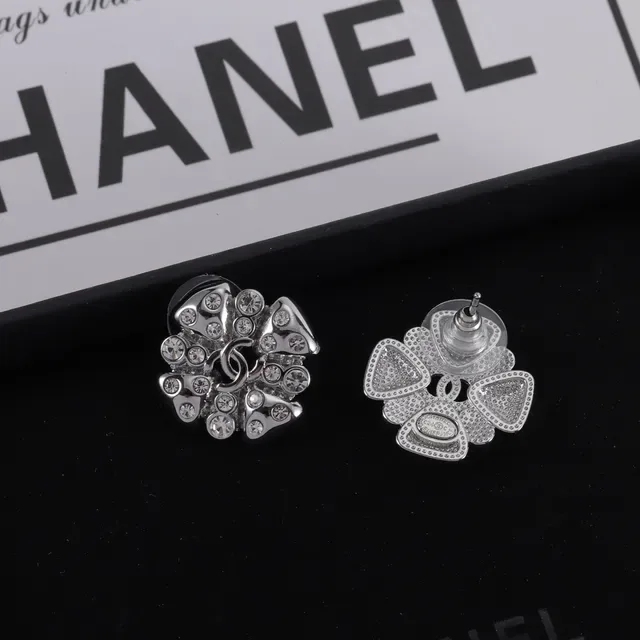 Chanel Camellia Crystal Stud Earrings 6