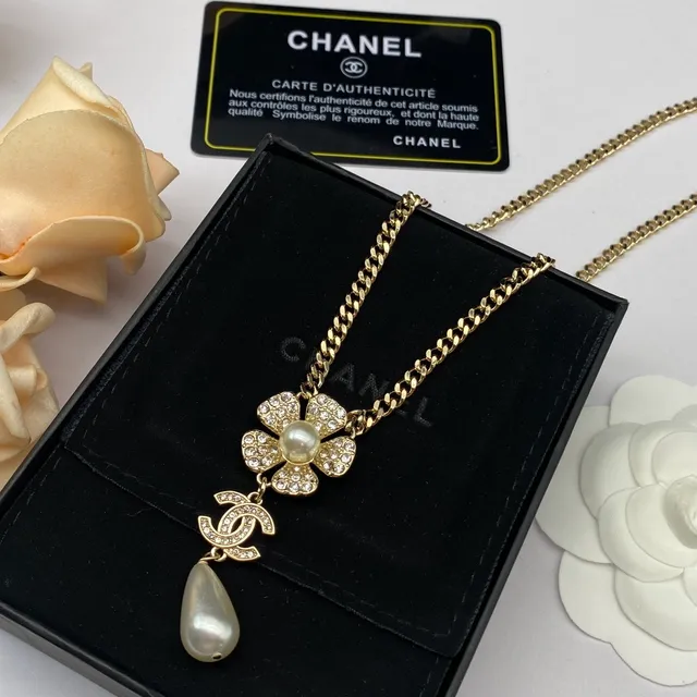 Chanel Camellia Pearl Necklace Gold-Tone Crystal and Pearl Drop Necklace 5