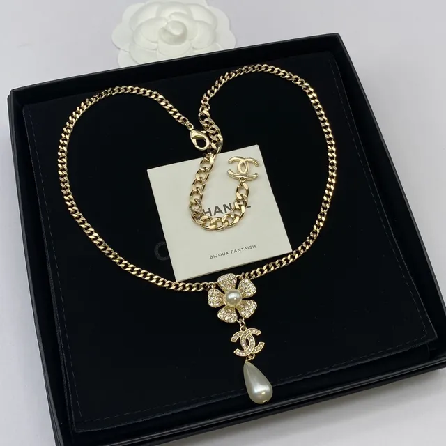 Chanel Camellia Pearl Necklace Gold-Tone Crystal and Pearl Drop Necklace 6