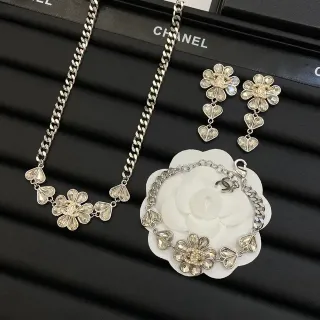 Chanel Camellia Silver White Floral Motif Crystal-Embellished Necklace