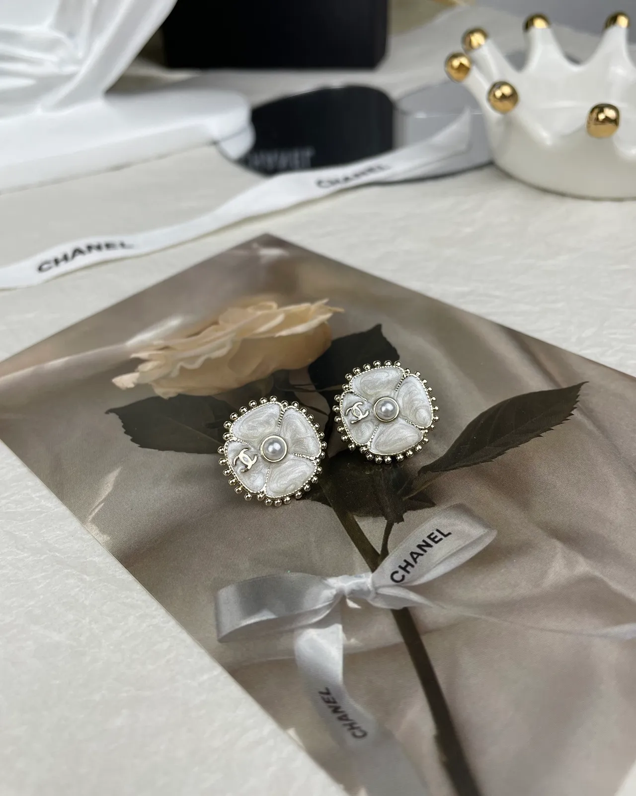 Chanel Camellia White Silver Floral Motif Pearl-Centered Earrings 3