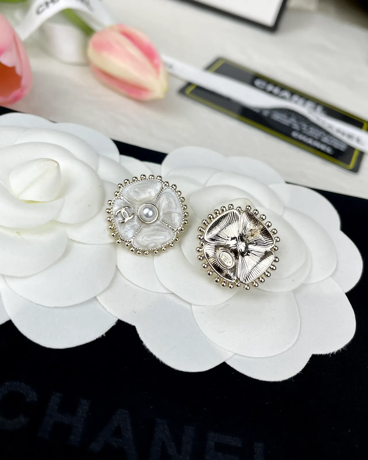Chanel Camellia White Silver Floral Motif Pearl-Centered Earrings 4