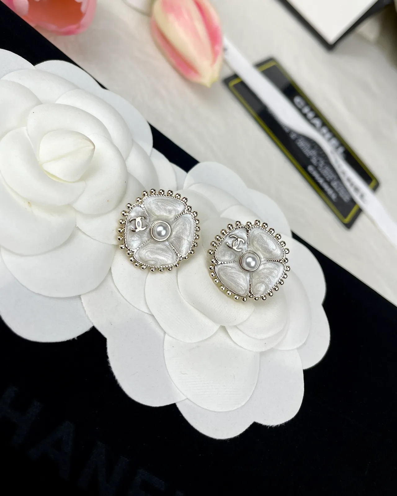 Chanel Camellia White Silver Floral Motif Pearl-Centered Earrings 5
