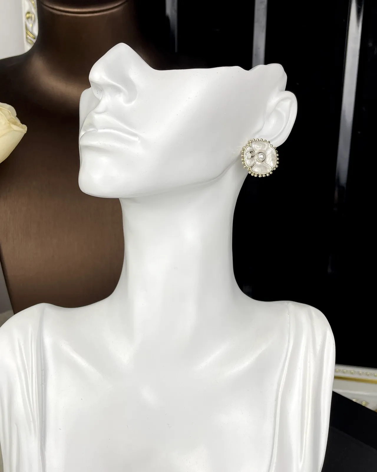 Chanel Camellia White Silver Floral Motif Pearl-Centered Earrings 7