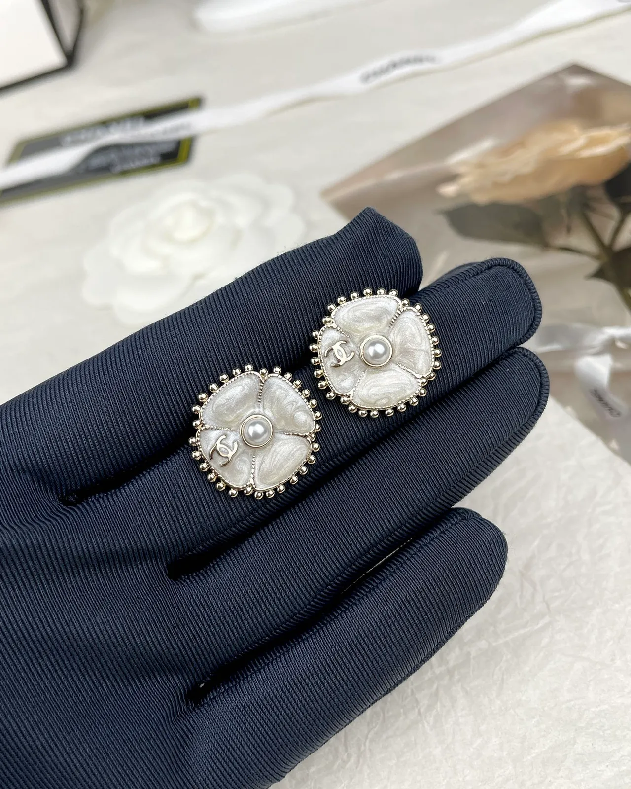 Chanel Camellia White Silver Floral Motif Pearl-Centered Earrings 8