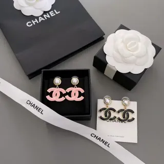 Chanel CC Drop 粉黑 Interlocking Logo 搪瓷耳环